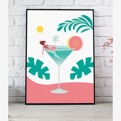 Affiche 8''x10'' Cocktail illustration Gredin été piscine plage détente verre silhouette