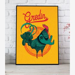 Affiche 8''x10'' illustration Gredin Coq de combat bagarre rixe boxe vert jaune rouge détails dessin
