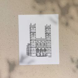 Basilique Notre-Dame / 5x7 ou 8x10po / Illustration imprimée sur carton recyclé / Icônes de MTL par Darvee / Art N+B Unisexe Minimaliste