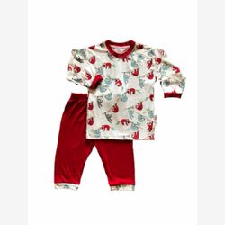 PYJAMA 2 PIÈCES Haut coton organique singe paresseux et pantalon bambou rouge