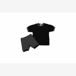 PYJAMA COURT 2 PIÈCES EN BAMBOU haut noir et bas rayure moyenne noir et blanche (020201)