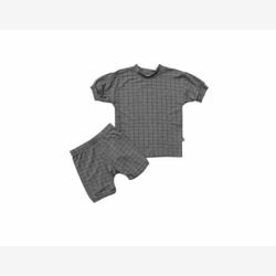 PYJAMA COURT 2 PIÈCES EN BAMBOU gris chiné carotté lignes fines noires