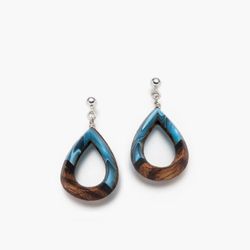 Boucles d'oreilles bois, acrylique et argent goutte turquoise