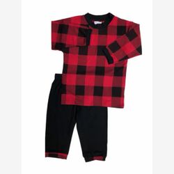 PYJAMA 2 PIÈCES en BAMBOU haut carreaux noir et ROUGE et pantalon noir