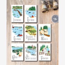 8 Cartes postales Le Québec en été | Illustration Québec | Région du Québec